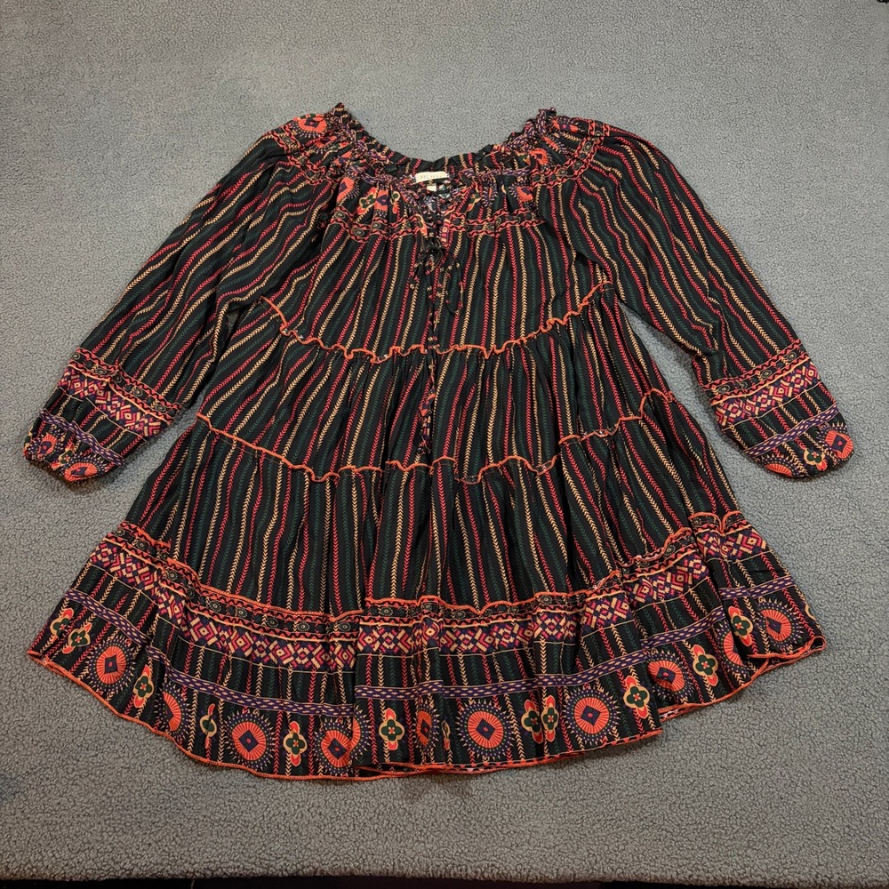 Velzera Tunic Women Small Black Multi Color Boho Tiered Ruffle Peasant Top Rayon